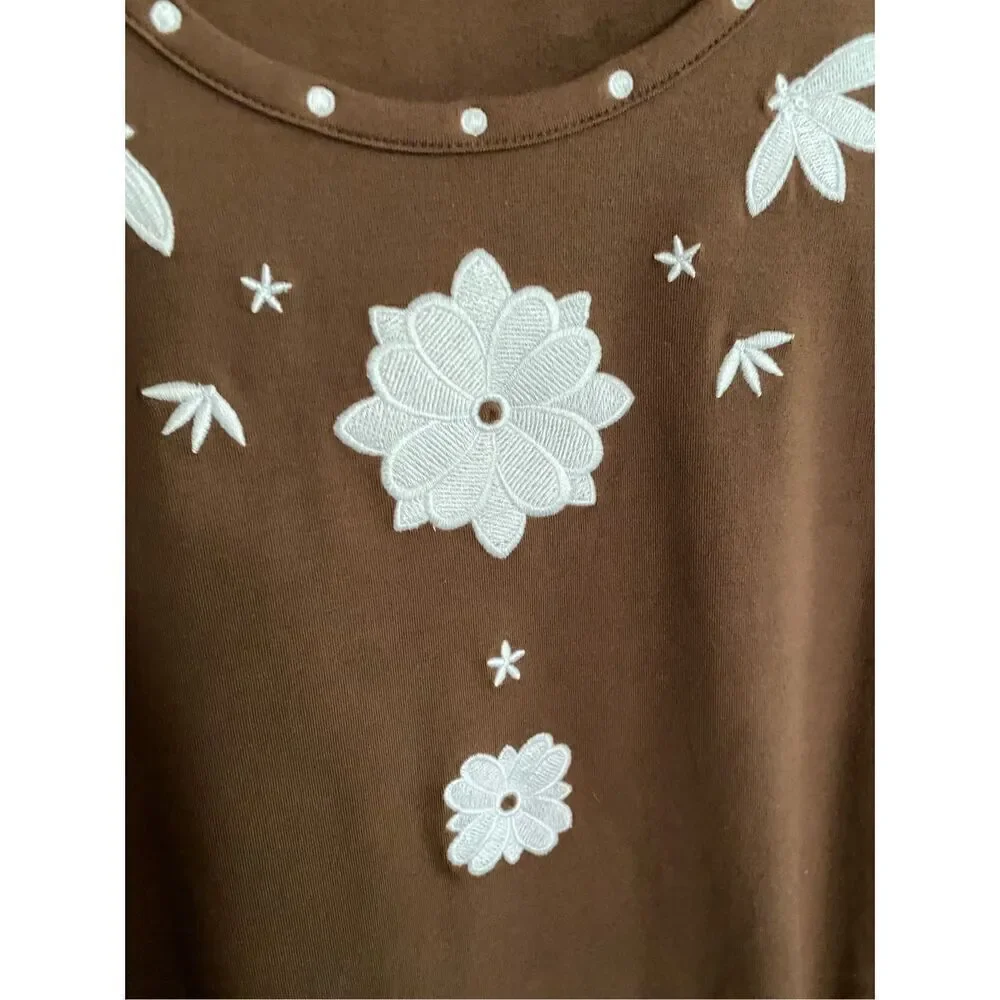 Susan graver liquid women’s brown embroidered floral tunic top size xs